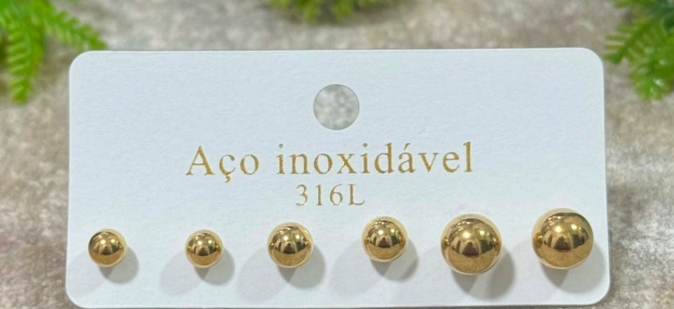 Brinco Trio Bolinha Dourado - Aço